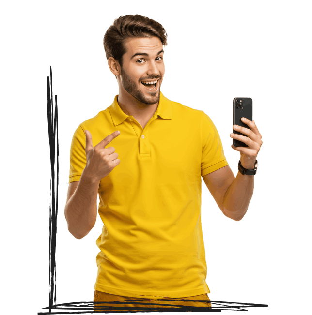 Homem apontando celular
